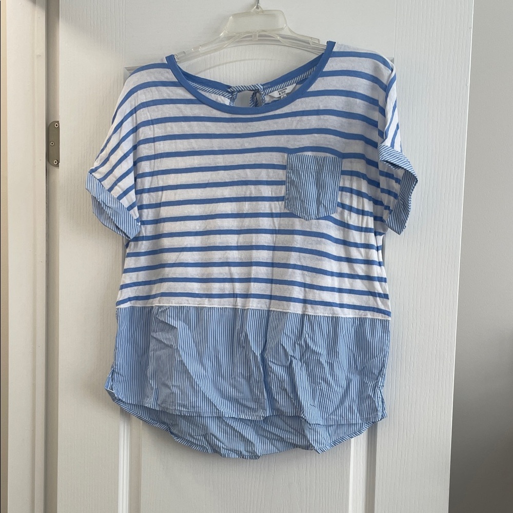 crown & ivy Blue and White Striped Short Sleeve Tee with Pocket